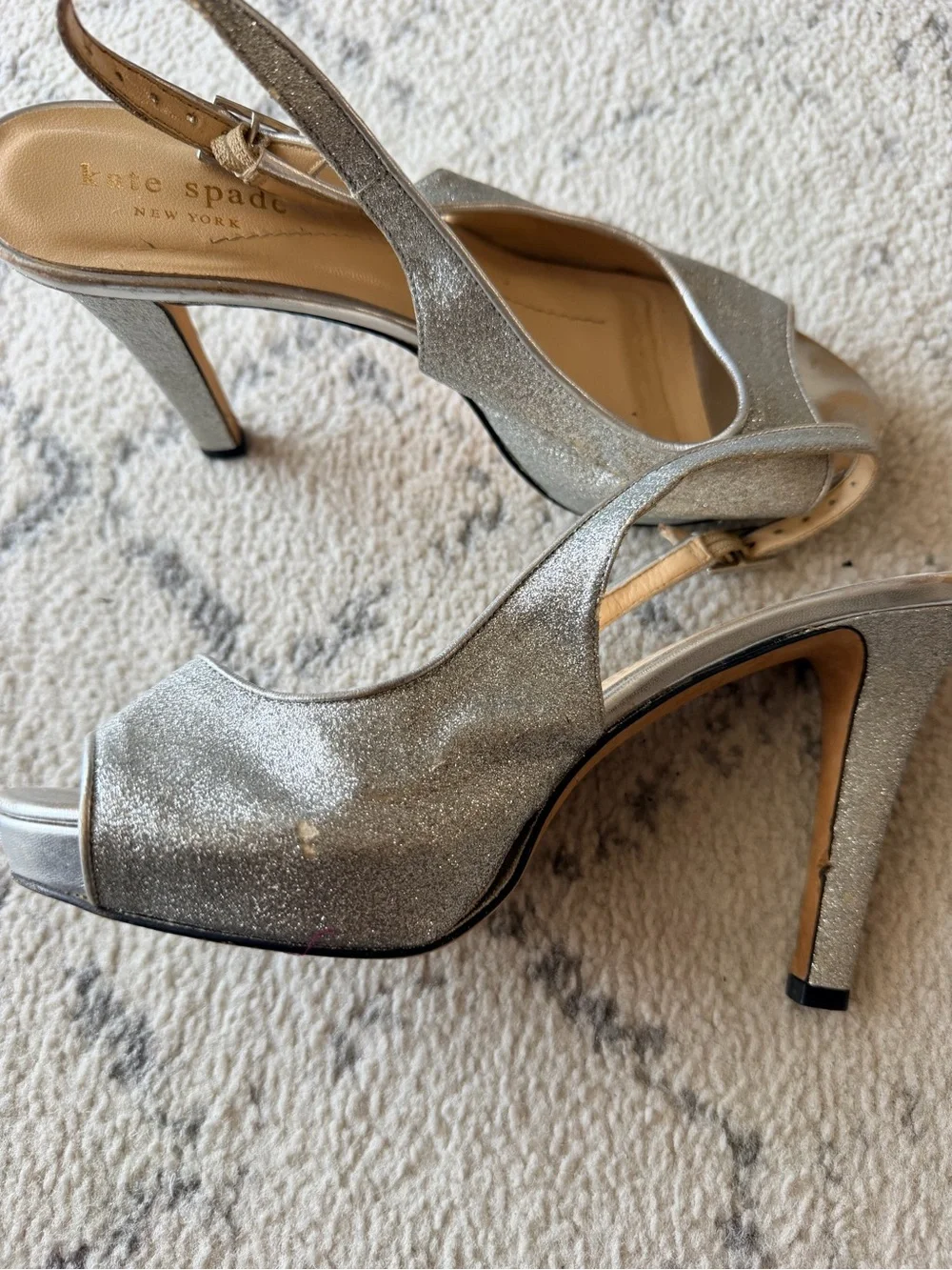 Kate Spade Silver Metallic Slingback Platform Heels | Size 6.5